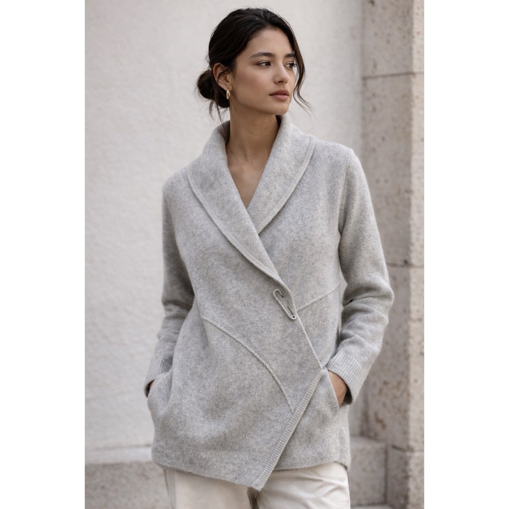 Eileen Fisher Light Gray Shawl Collar Wool-Blend Coatigan